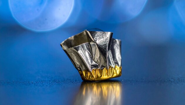 Macro photograph of a crumpled gold and silver candy wrapper resting on a reflective