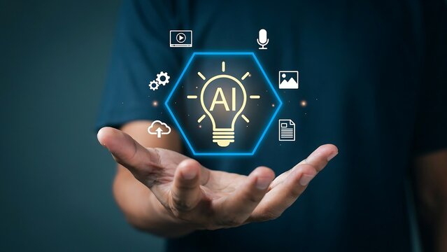 Businessman Hand Holding Glowing Light Bulb with Global Digital Social Network Interface for Business Innovation Technology Communication and Future Internet Connection Concept
