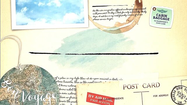 Travel themed postcard background with globe with video vintage postcard design featuring globe globe sky stamps journey texture clouds letter