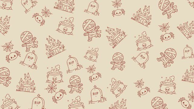 Vintage Halloween doodle pattern with haunted house, mummy, tombstone, spider and cauldron. Seamless loop, rust line art on cream. 