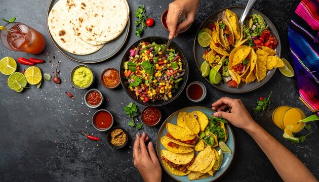 Overhead shot of a Mexican fiesta spread with tacos, corn salad, guacamole, tortillas, and drinks