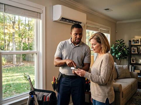 Hvac technician explaining air conditioning remote control settings to a happy female client