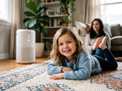 Smiling little girl lying on rug near air purifier in cozy living room with mother in background.