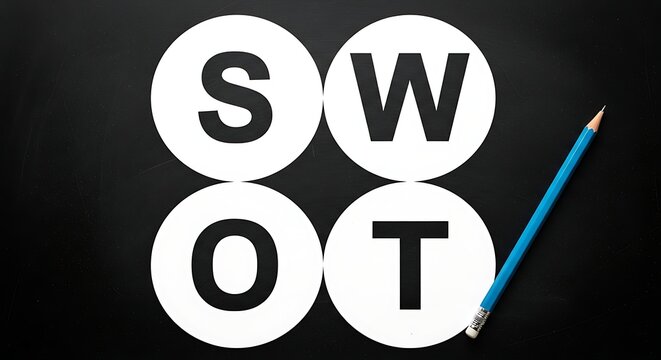 SWOT analysis concept with circular letters and a blue pencil