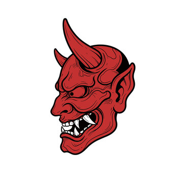 Red Oni Mask Illustration with Sharp Teeth