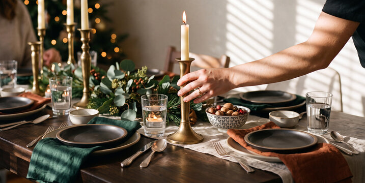 Woman Placing Brass Candlestick Holder on Elegant Festive Christmas Dining Table Setting