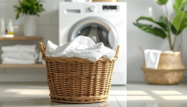 Laundry Basket with Clean Clothes in Bright Laundry Room