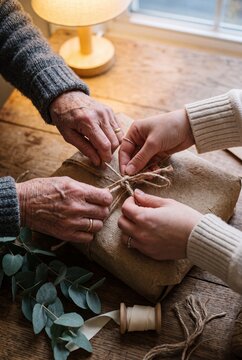 Close-up of senior and young hands tying a twine bow on an eco-friendly kraft paper gift box together on a wooden table in a cozy home setting