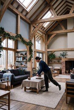 Young woman setting a coffee table in a modern rustic barn conversion living room with exposed timber beams and high vaulted ceiling