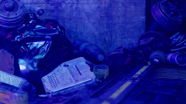 A pile of discarded items sits in a dimly lit alley. Metal scraps, plastic bottles, and other refuse are mixed together. Bright colored lights reflect off the garbage, creating an unusual scene.