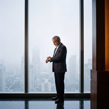 Senior businessman checking his watch while standing by a large panoramic window in a modern high-rise executive office overlooking a foggy skyline
