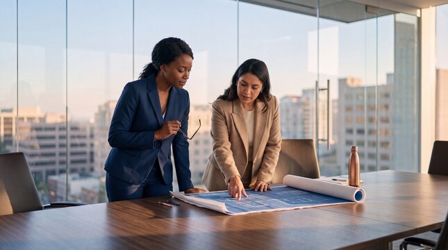 Two diverse female architects reviewing architectural blueprints together in a modern high-rise office overlooking the city skyline