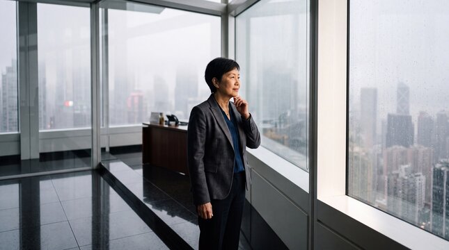 Thoughtful Asian Senior Businesswoman Looking Out Window in Modern High-Rise Office Building with City View on Rainy Day