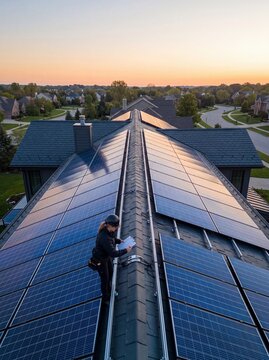 Female solar technician in safety gear inspecting rooftop solar panel installation on a suburban home during sunset