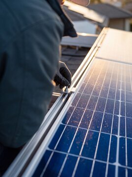 Professional Technician Installing Solar Panels on Residential Rooftop During Golden Hour Sunset