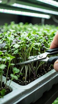 Close-up of a farmer harvesting fresh organic microgreens with scissors under artificial LED grow lights in an indoor urban farm