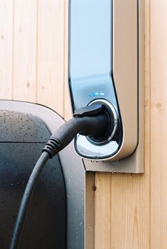 Modern electric vehicle wallbox charging station mounted on a light wooden wall with power cable plugged in