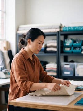 Asian female fashion designer inspecting fabric at a cutting table in a bright creative studio atelier