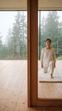 Senior Asian woman in white clothing practicing yoga low lunge pose in a spacious modern wooden studio overlooking a pine forest
