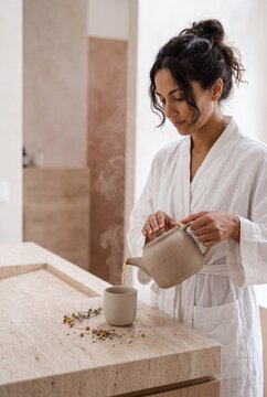 Beautiful serene woman in a white linen bathrobe pouring hot steaming herbal tea into a ceramic cup at home, enjoying a tranquil morning wellness ritual