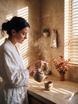 Woman in a White Bathrobe Pouring Hot Tea from a Ceramic Teapot During a Peaceful Morning Routine