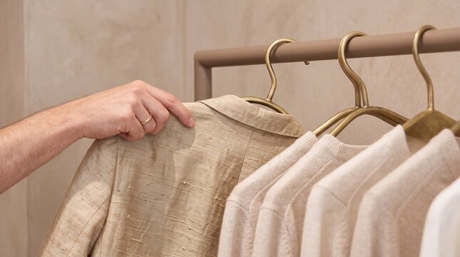 Close-Up of a Person's Hand Selecting a Beige Linen Jacket Hanging on a Brass Clothing Rack in a Minimalist Luxury Wardrobe