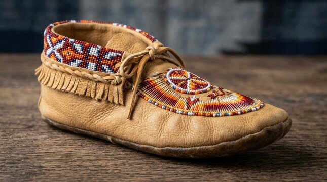 Handcrafted tan leather moccasin shoe with intricate native beadwork and quillwork details resting on rustic dark wooden surface.