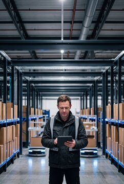 Male warehouse manager using a digital tablet to control automated robots in a modern distribution center with high-tech inventory shelves