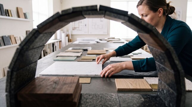 Female interior designer arranging marble and wood material samples on a large workbench in a modern design studio
