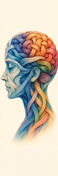 Colorful abstract human head made of woven textured strands