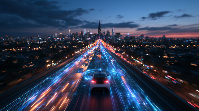 Autonomous Electric Car Driving on Smart Highway at Night