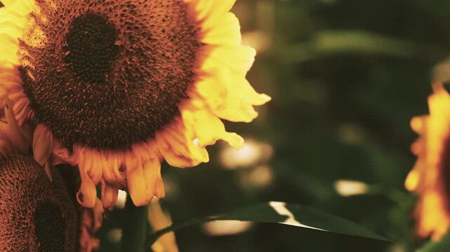 Sunflowers stand tall in a field under bright sunlight. The flowers display large brown centers and yellow petals. It is summer and the setting is lush with greenery.