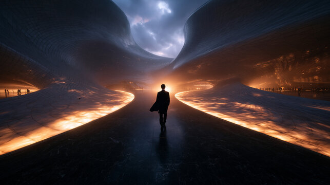 Man Walking on Path Through Futuristic Architectural Landscape