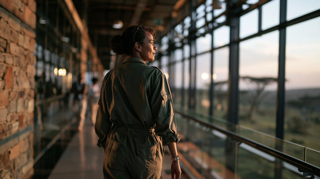 Woman in Safari Outfit Walking in Luxury Lodge at Sunset