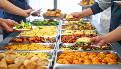 Obraz premium People Serving Themselves Delicious Food from a Buffet Restaurant with Various Dishes