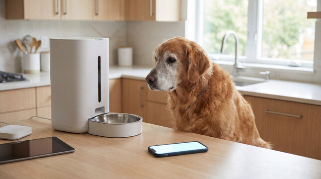 Dog using smartphone in veterinary clinic, creative anthropomorphic lifestyle scene exploring animal behavior, responsible care, companionship, wellbeing, humane values, education, modern lifestyle