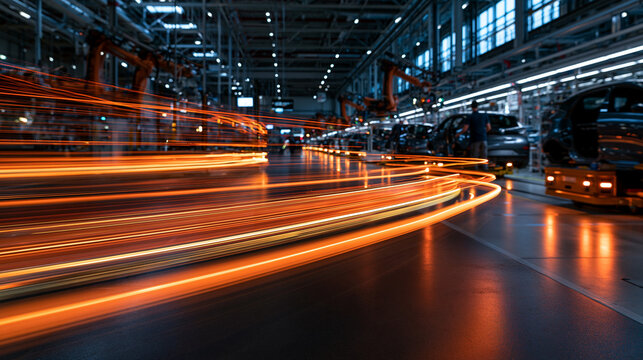 Automotive Assembly Line in Modern Automated Factory with Light Trails