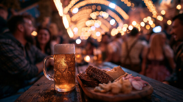 Cold Glass of Beer with Snacks at Oktoberfest Beer Garden
