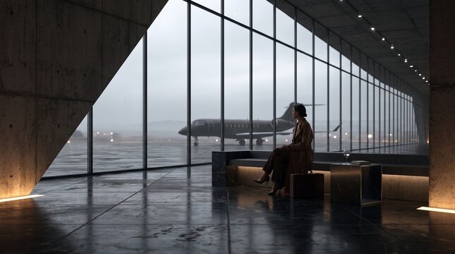 Businesswoman Sitting in VIP Lounge Looking at Private Jet