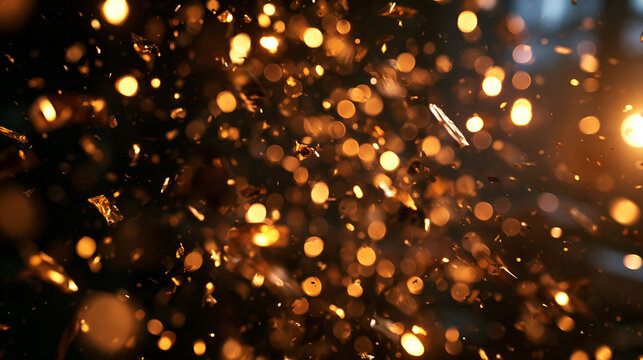 Golden Confetti and Bokeh Lights Floating on Dark Background