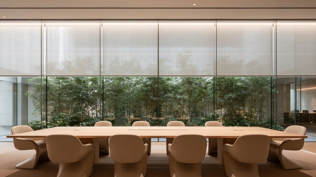 Modern Corporate Boardroom Interior with Long Table and Garden View