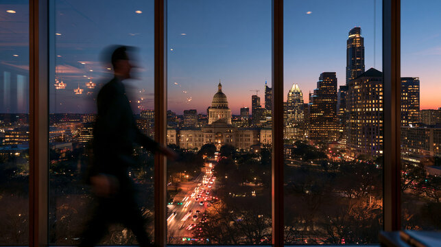 Businessman Walking in Modern Office Overlooking Austin City Skyline