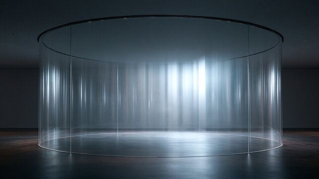 Futuristic Circular Glass Installation in Dark Gallery Space
