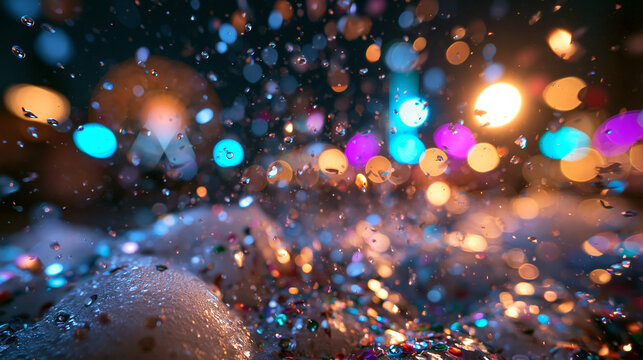 Sparkling Glitter Splash with Colorful Bokeh Lights Background