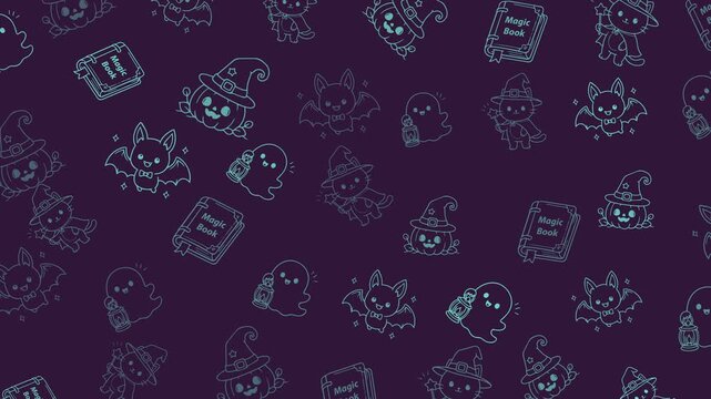 Cute Halloween doodle pattern with witch cat, magic book, pumpkin, ghost and bat. Seamless loop, mint line art on purple background.