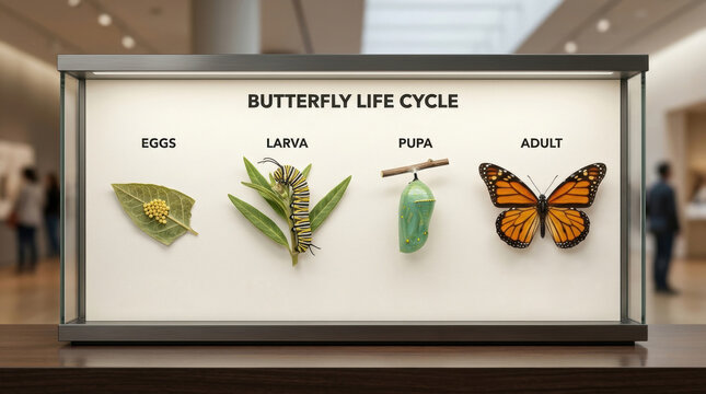 Butterfly life cycle monarch danaus plexippus stages of metamorphosis eggs larva caterpillar pupa chrysalis adult insect natural science education display.