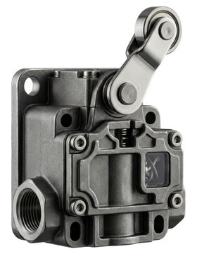 Industrial electromechanical roller lever limit switch on a transparent background