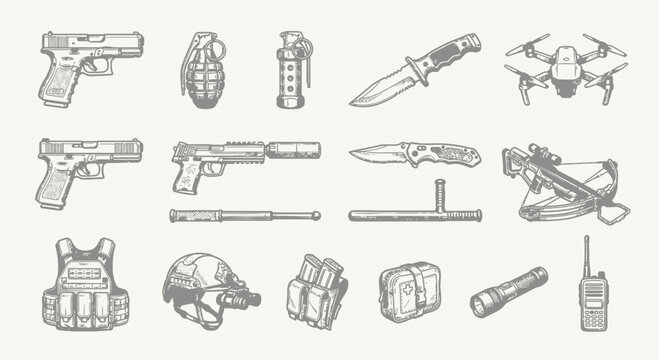 Tactical equipment and weapon icon set featuring hand-drawn sketches of pistols, grenades, combat knives, surveillance drone, crossbow, body armor, and police gear on white.