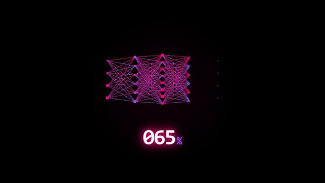 A futuristic digital sequence features an incrementing percentage counter and a glowing pink neural network structure, visualizing a high-tech data process on a black background.
