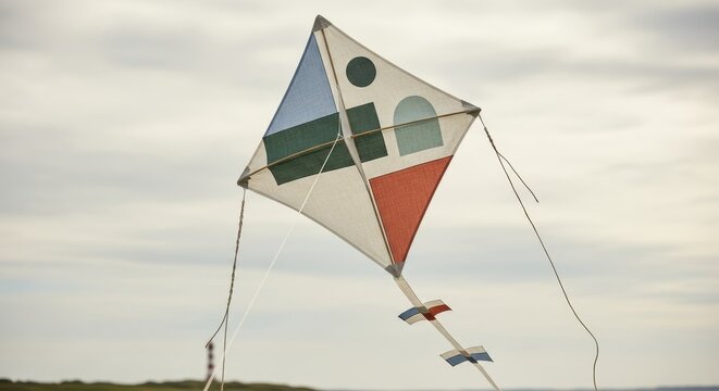 Colorful geometric kite flying in open sky.